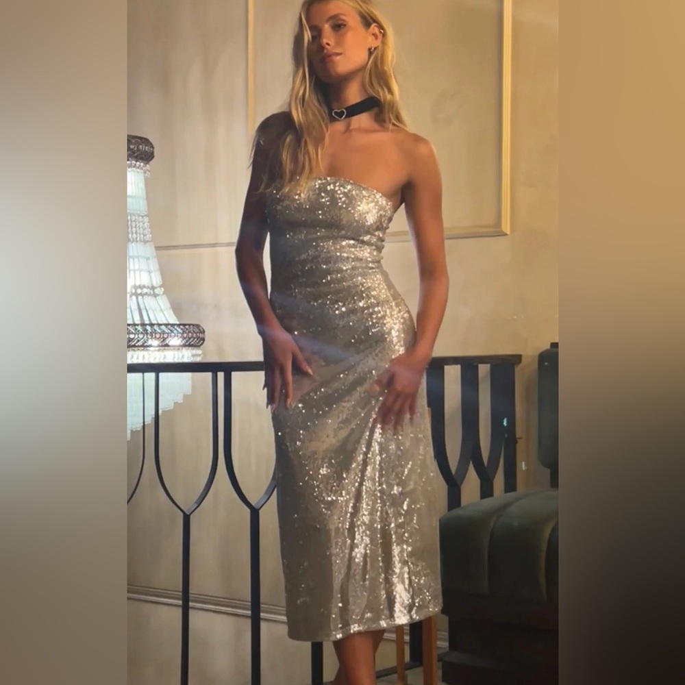 Motel Rocks Cleosa Bandeau Maxi dress in Silver Chrome